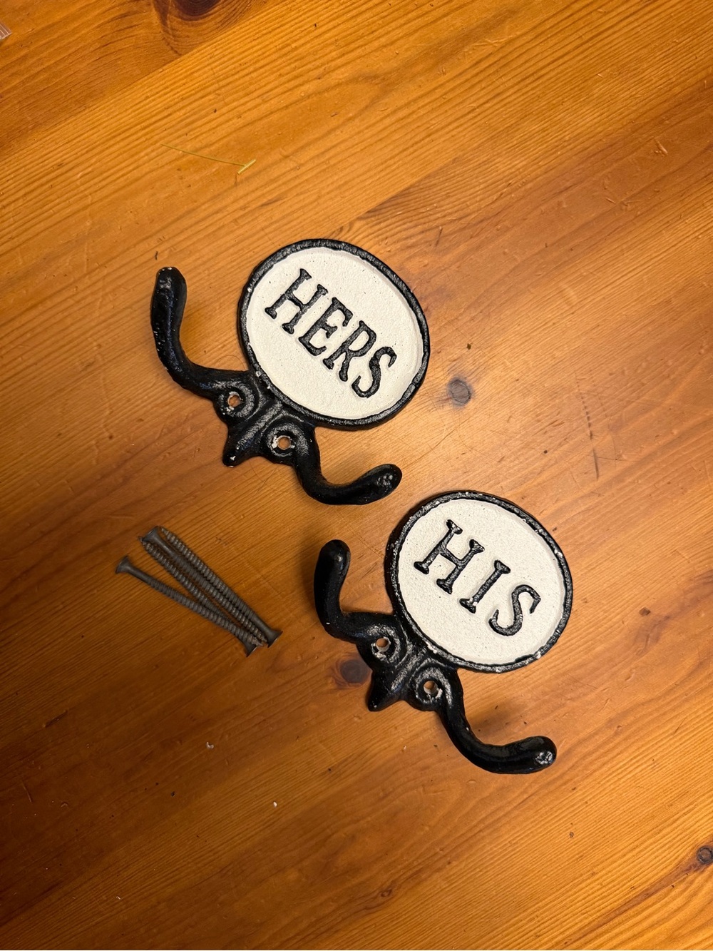 HIS & HERS Wall Hooks — Black Cast Iron with White Heavy Plaques